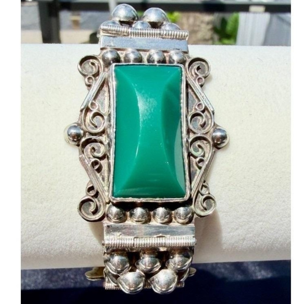 Vintage Mid-Century Mexican Sterling Silver Green Onyx Panel Link Bracelet 7 in - Picture 4 of 16